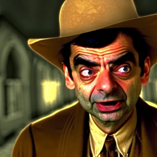 Image similar to mr. bean as the towns drunk from any western movie. movie still. cinematic lighting.