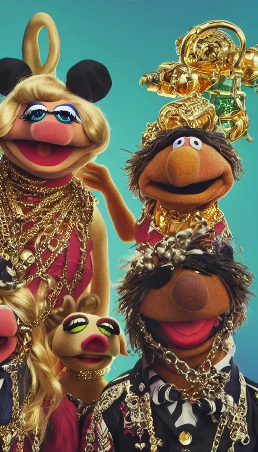 Image similar to the muppets are are gangsta rappers on stage at a concert, dressed in ornate hip hop clothing and wearing gold necklaces and bling, intricate, highly detailed, digital painting, artstation, symmetrical, concept art, smooth, sharp focus, illustration, unreal engine 5, 8 k, art by artgerm and greg rutkowski and alphonse mucha