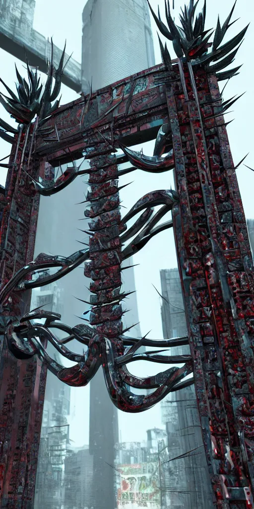 Image similar to 3 d render of a torii gate sculpture made of chrome, chrometype, made of liquid metal, fractal neotribal with thorns and thunders, cyberpunk japanese temple, raytraced, hyper realistic, volumetric lightning, 8 k, by zhelong xu, ouchh and and innate studio