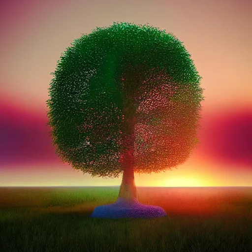 Prompt: The Bodhi Tree at Sunset, beautiful art with volumetric lighting, by beeple, Pi-Slices and Kidmograph