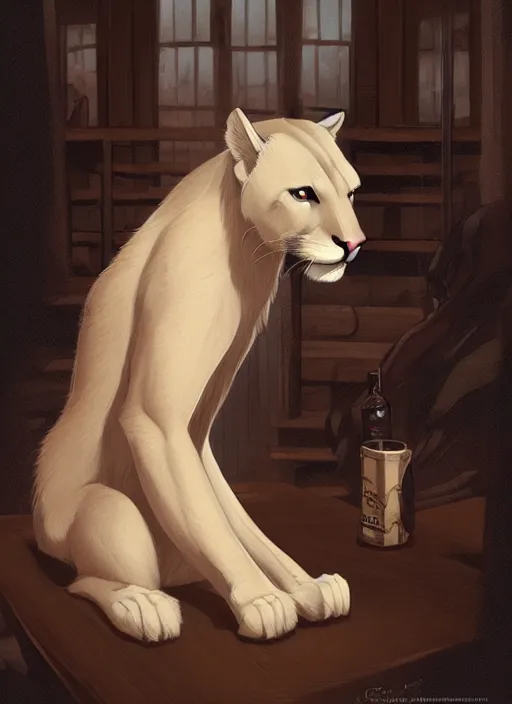 Prompt: beautiful portrait commission of a male furry anthro albino mountain lion wearing a dress shirt in an old-timey Saloon. Atmospheric. Character design by charlie bowater, ross tran, artgerm, and makoto shinkai, detailed, inked, western comic book art