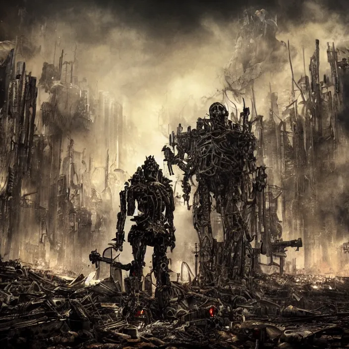 Image similar to gritty humanoid apocalyptic cyborg standing amongst destroyed machinery, hyper - detailed, sharp focus, 4 k ultra hd, fantasy dark art, apocalyptic art