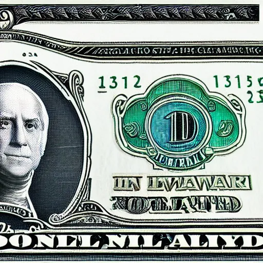 Image similar to an intricately detailed new dollar bill design featuring a portrait of Thomas the Tank Engine