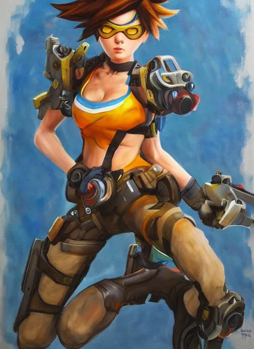 Image similar to fullbody oil painting of tracer overwatch in the style of sophie anderson,