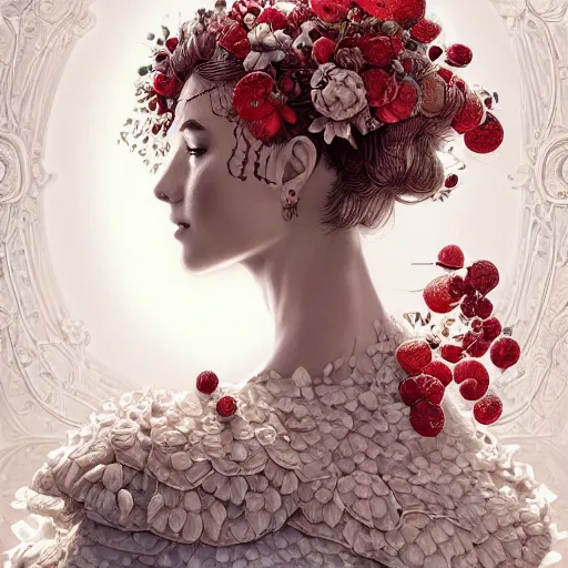 Image similar to the portrait of an absurdly beautiful, graceful, elegant, sophisticated, fashionable woman made of strawberries and white petals looking down, an ultrafine hyperdetailed illustration by kim jung gi, irakli nadar, intricate linework, bright colors, octopath traveler, final fantasy, unreal engine 5 highly rendered, global illumination, radiant light, detailed and intricate environment