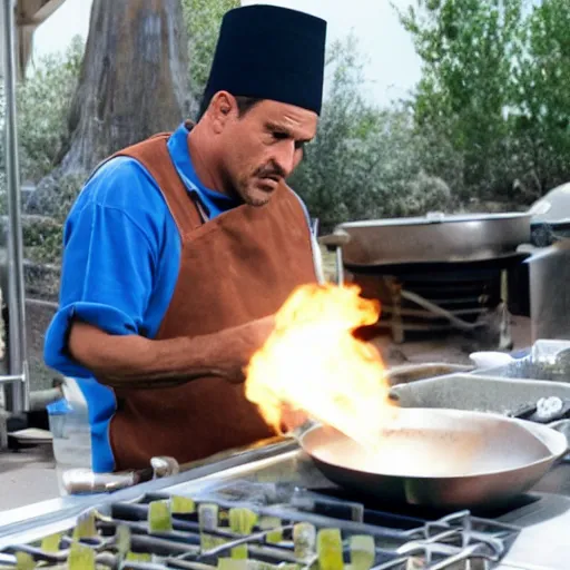 Prompt: tuco from breaking bad with a chefs hat cooking a delicious meal of blue meth