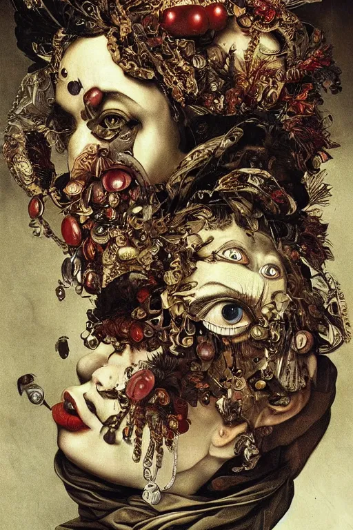 Image similar to Detailed maximalist portrait with large lips and with large eyes, angry expression, HD mixed media, 3D collage, highly detailed and intricate illustration in the style of Caravaggio, dark art, baroque