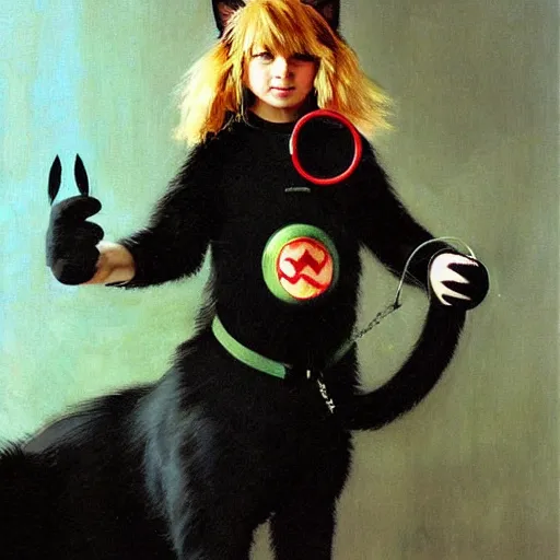 Image similar to a teenage boy with shaggy blond hair dressed as a black cat themed superhero. With cat ears, a tail, and a bell at his neck. Norman Rockwell, Ruan Jia.