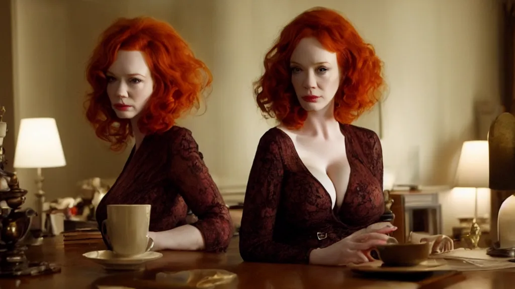 Image similar to Christina Hendricks in the living room, film still from the movie directed by Denis Villeneuve with art direction by Salvador Dalí, wide lens