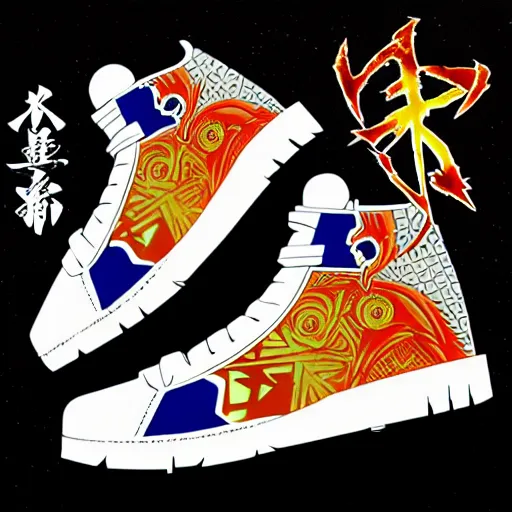 Prompt: fantasy anime jrpg sneaker design designed for goku, chrono trigger guilty gear style, aztec mayan street fashion native punk sneaker design, hip hop sneaker design with subtle mayan patterns, gapmoe yandere grimdark, trending on pixiv fanbox, painted by greg rutkowski makoto shinkai takashi takeuchi studio ghibli, akihiko yoshida