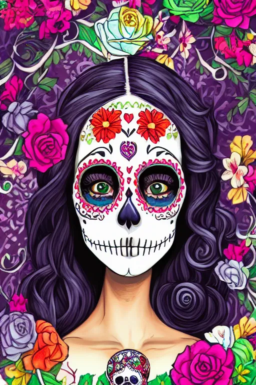 Image similar to illustration of a sugar skull day of the dead girl, art by mokoto shinkai