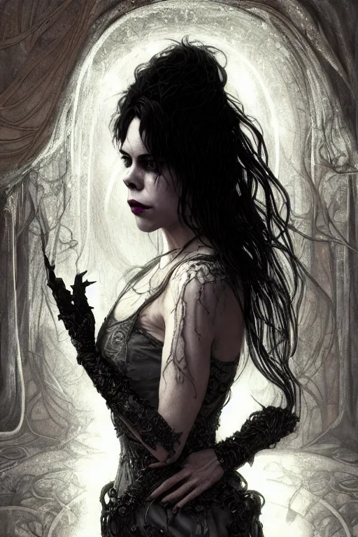 Prompt: portrait of fairuza balk as death of the endless, the sandman, grey clothes, in persian temple wet night, sci - fi and fantasy, intricate and very very beautiful and elegant, highly detailed, digital painting, artstation, concept art, smooth and sharp focus, illustration, art by tian zi and wlop and alphonse mucha