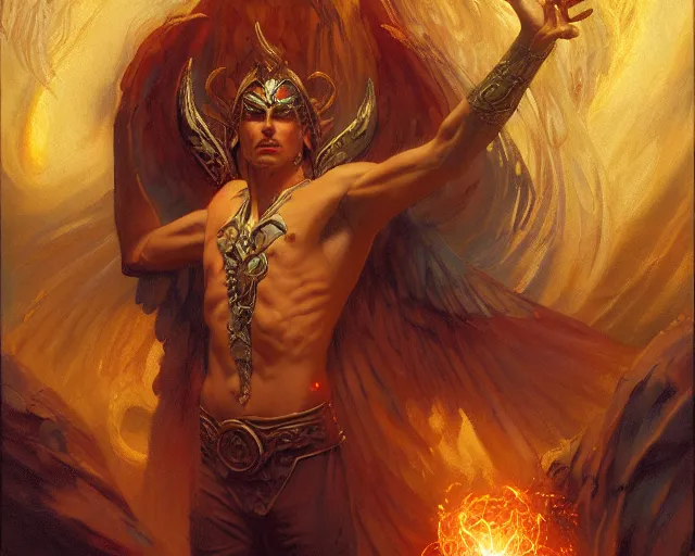 Image similar to attractive male deity, casting demonic magic, summoning handsome lucifer morning star. highly detailed painting by gaston bussiere, craig mullins, j. c. leyendecker 8 k