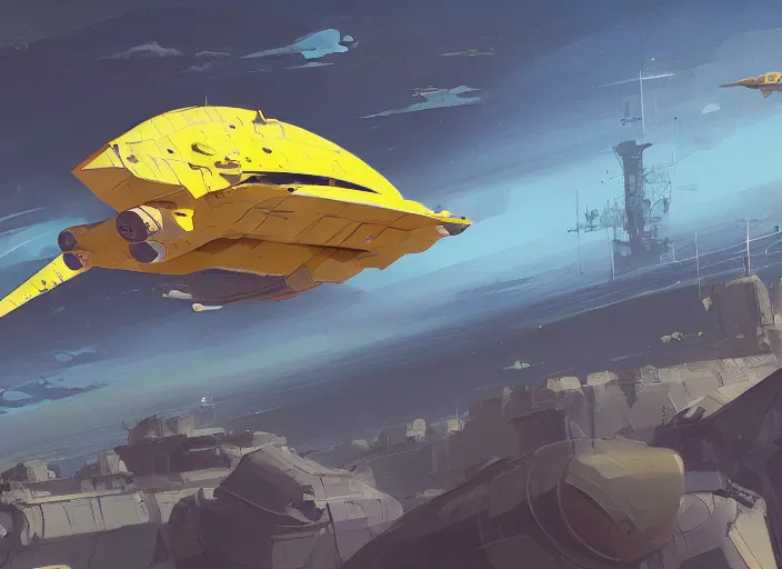 Prompt: a painting of a futuristic yellow submarine plane flying through the sky, concept art by Ian McQue, cgsociety, highly detailed, artstation, concept art, sci-fi