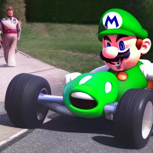 Image similar to elon musk as luigi in mario kart