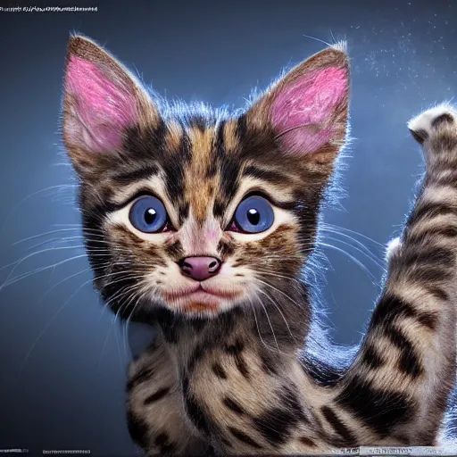 Image similar to full body pose, hyperrealistic photograph of a grotesque kitten, dim volumetric lighting, 8 k, octane beautifully detailed render, extremely hyper detailed, intricate, epic composition, cinematic lighting, masterpiece, trending on artstation, very very detailed, stunning, hdr, smooth, sharp focus, high resolution, award, winning photo, dslr, 5 0 mm