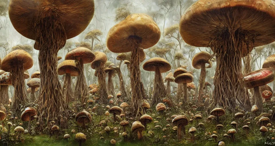 Prompt: A tribal village in a forest of giant mushrooms, by Karol Bak