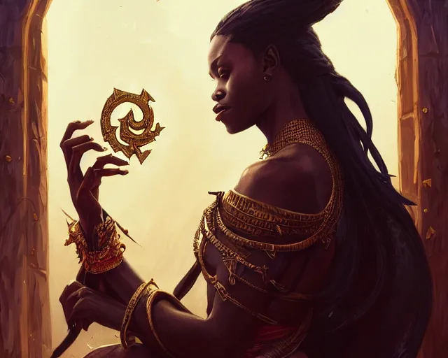 Prompt: ugandan king, deep focus, d & d, fantasy, intricate, elegant, highly detailed, digital painting, artstation, concept art, matte, sharp focus, illustration, dark fantasy style art, hearthstone, art by artgerm and greg rutkowski and alphonse mucha