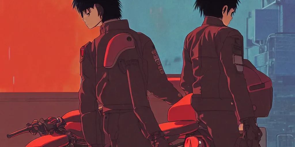 Image similar to twilight lighting, moody, atmospheric, solarpunk, kaneda and his motorcycle from akira, rainy, in the art style of neon genesis : evangelion, 8 0 s anime style, by ghibli studio and victor ngai, ghost in the shell art style, akira artstyle, pixar highly detailed, 8 k h 5 7 6