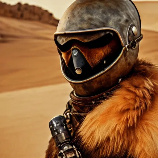 Prompt: portrait of an anthro fox, mad max style, cinematic, leather, weapons, helmet, sunglasses, as seen in the wastelands