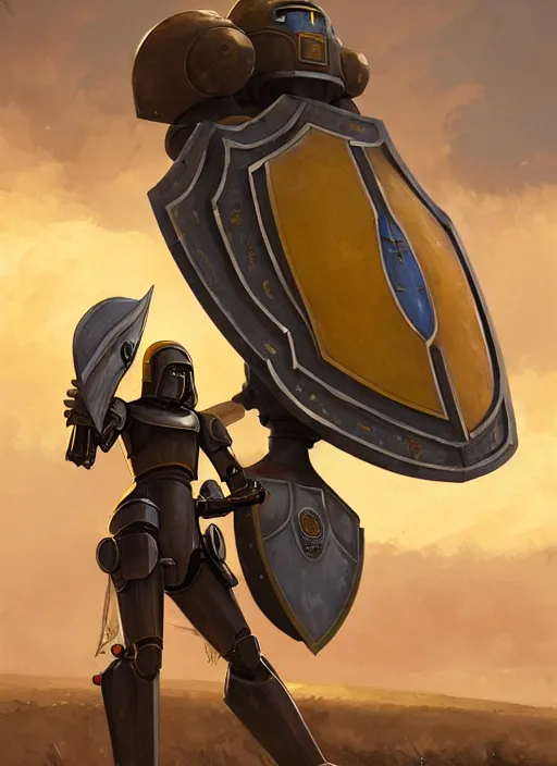 Image similar to tall strong yellow pit droid holding large paladin medieval shield!!! and a long medieval engraved powerful great sword, pancake short large head painterly humanoid mecha, beautiful fantasy background by Greg Rutkowski