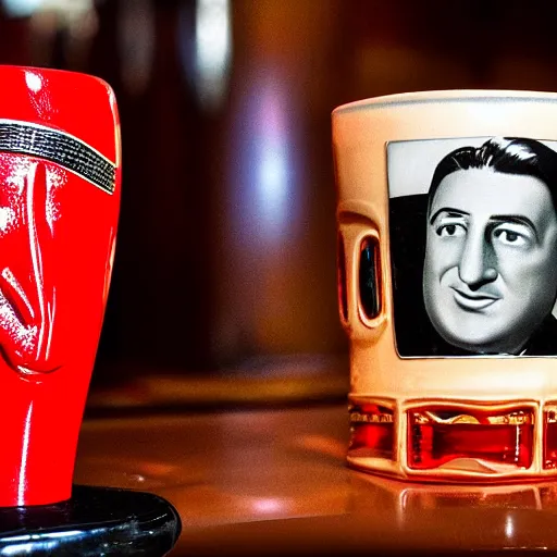 Image similar to a closeup photorealistic photograph of a glossy ferrari themed tiki mug at at a trader vic's bar featuring the face of young enzo ferrari. party. tiki theme. bright scene. fine detail. this 4 k hd image is trending on artstation, featured on behance, well - rendered, extra crisp, features intricate detail, epic composition and the style of unreal engine.