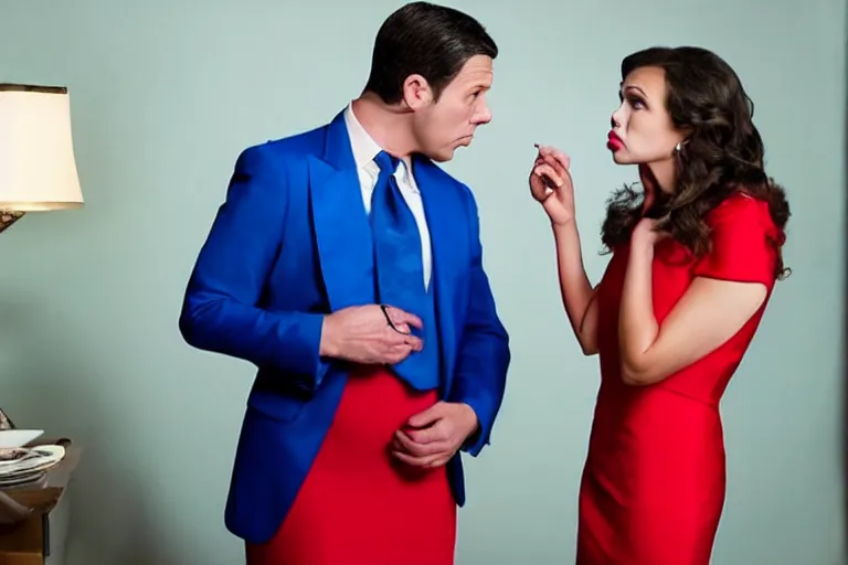 Prompt: full body film still of a man longingly looking at a distant woman in a red dress as a woman in a blue dress looks disgusted at the man in the new romance comedy movie, dramatic angle, dramatic lighting