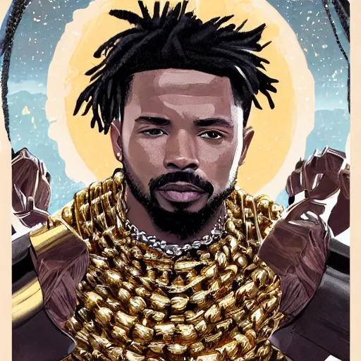 Image similar to a matte painting of killmonger, dripped out, diamonds, diamond chain, gold rings, gold watch, stylish, diamond grill by sachin teng