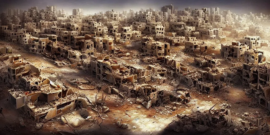 Image similar to “epic view of Hummus in Syria in destruction, ruins, trending on artstation, photorealistic, concept art, cinematographic, epic lighting”