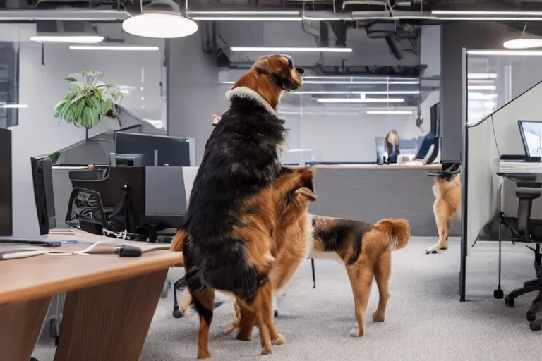 Prompt: pets are working in co - working spaces or modern offices, no people