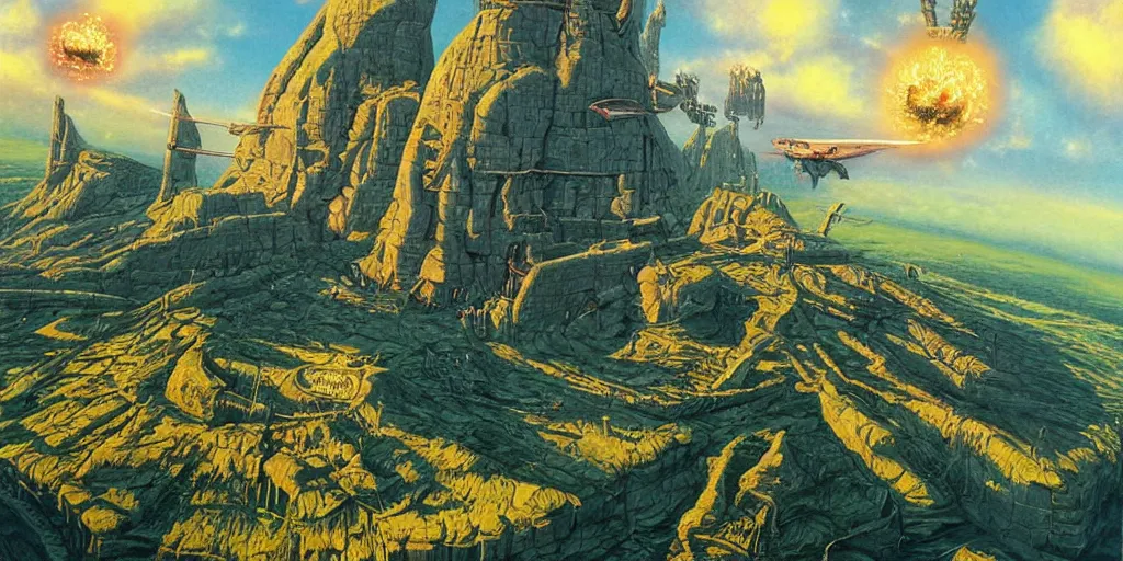 Image similar to artwork of the twin fortress by terry oakes, by erol otus