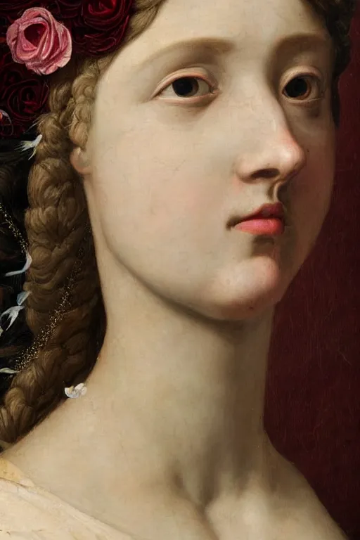 Prompt: hyperrealism close - up mythological portrait of an exquisite medieval woman's shattered face partially made of maroon flowers in style of classicism, wearing white silk dress, dark palette