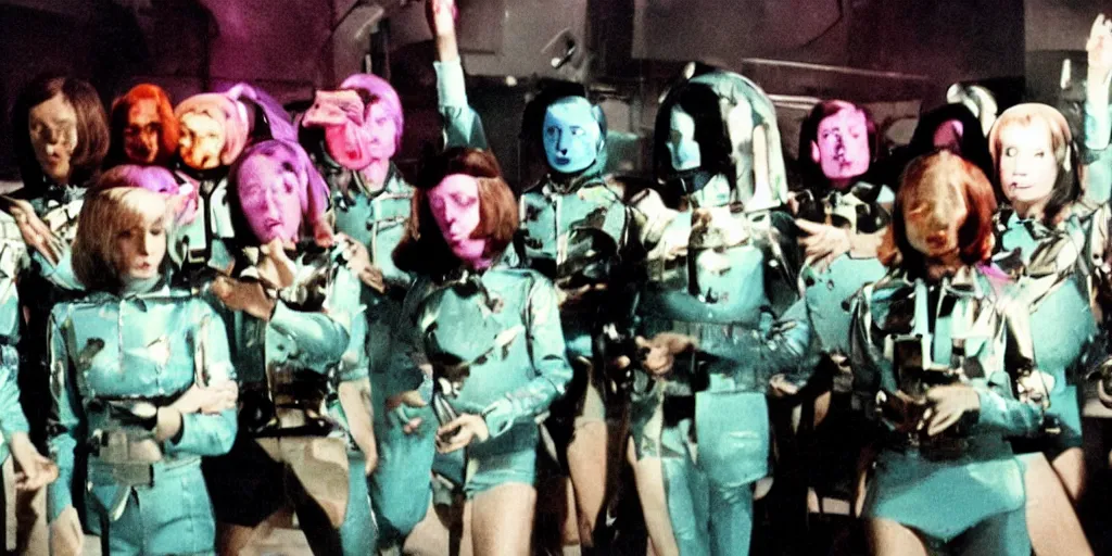 Prompt: color film still, android soldiers at the disco ; moon ( 1 9 7 7 )