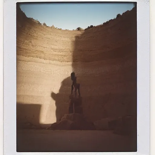 Prompt: a very large statue inside of a underground quarry, megalophobia, expired film, old polaroid,