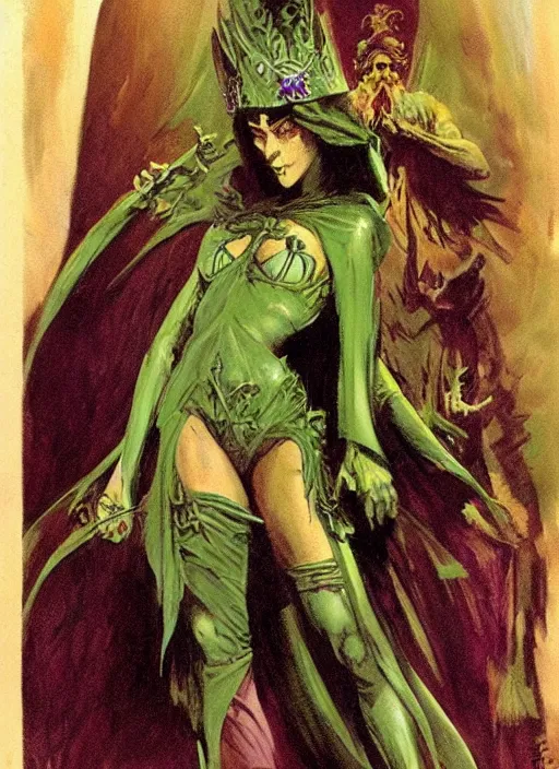 Image similar to mighty female necromancer sorceress, green tiara, strong line, deep color, beautiful! coherent! by frank frazetta, by brom, low angle