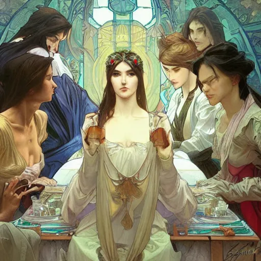 Prompt: The Last Supper Beautiful painting by Artgerm and Greg Rutkowski and Alphonse Mucha