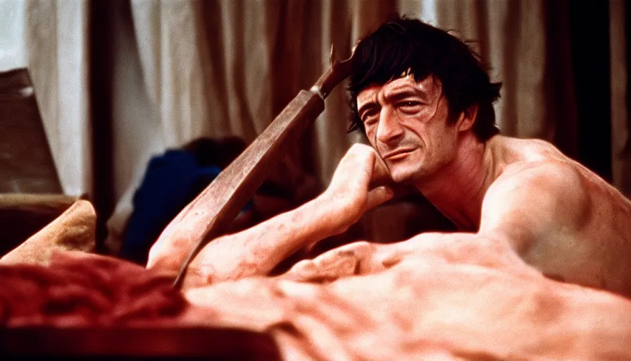 Prompt: 1 9 6 0 s movie still of jean - paul marat, cinestill 8 0 0 t 3 5 mm, high quality, heavy grain, high detail, panoramic, cinematic composition, dramatic light, ultra wide lens, anamorphic