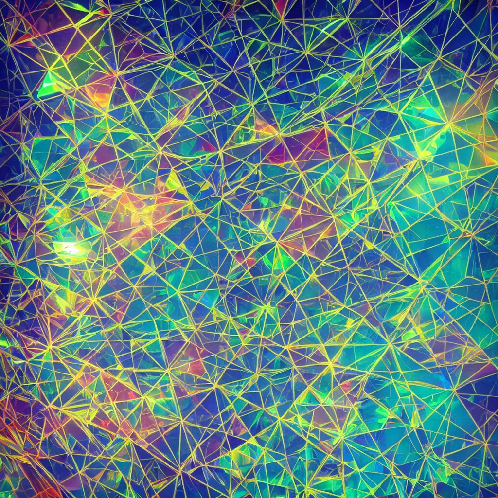 Prompt: an intricate triangle lattice prism structure microscopy iridescent refraction beam, an album cover by wolfgang zelmer, zaha hadid, behance contest winner, crystal cubism, tesseract, holographic, psychedelic, photo realistic octane render