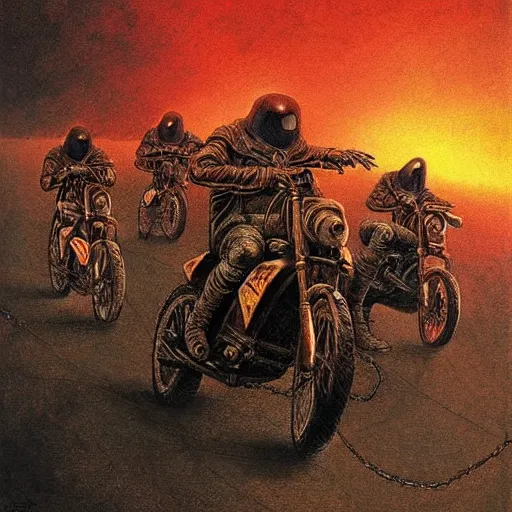 Image similar to motorbikers race in hell, by beksinski and tristan eaton, dark neon trimmed beautiful dystopian digital art