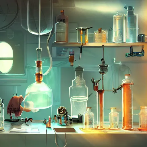 Prompt: mouse performing a chemistry experiment, in a cluttered lab, lots of beakers, illustration, cyberpunk, sci - fi fantasy, intricate, elegant, highly detailed, digital painting, artstation, concept art