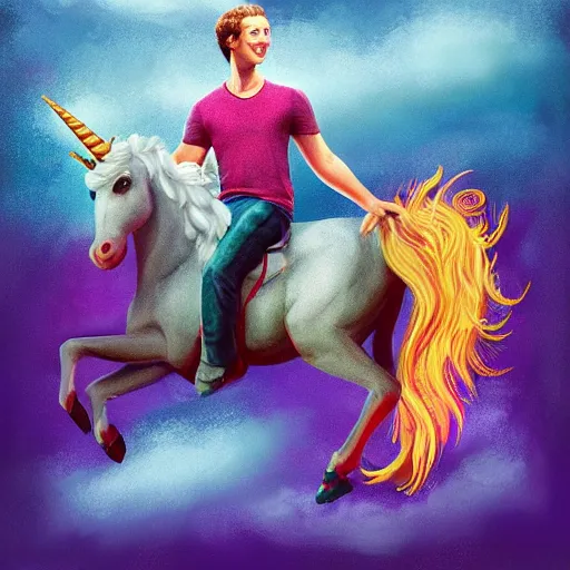 Image similar to mark zuckerberg riding a unicorn, pointing, wearing a crown, paradise landscape, vivid colors, pastelle, digital art, trending on artstation