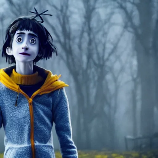Prompt: natalia dyer starring as live action coraline, movie still, 8 k