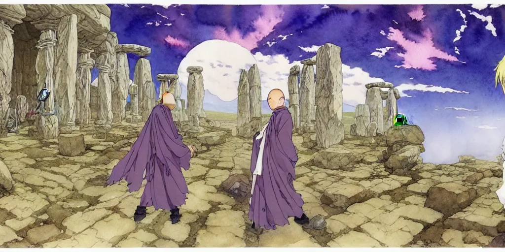 Prompt: a hyperrealist anime watercolor fantasy concept art of a giant monk with a big forehead and a grey robe swaying in stonehenge. in the background several immense stones are floating in the air. by rebecca guay, michael kaluta, charles vess