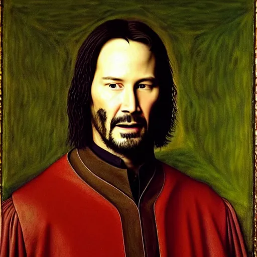 Image similar to portrait of keanu reeves, oil painting by jan van eyck, northern renaissance art, oil on canvas, wet - on - wet technique, realistic, expressive emotions, intricate textures, illusionistic detail