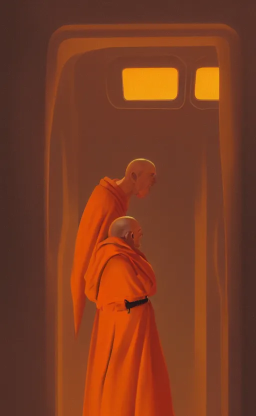 Image similar to portrait of a blind monk in a spaceship, looking out the window, orange robe, dramatic lighting, artstation, matte painting, ralph mcquarrie