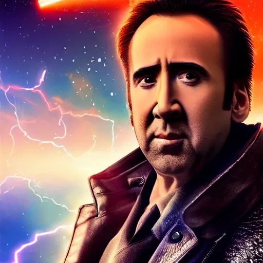 Image similar to Nicolas Cage is ultra fast blazing lasers, epic scenery, dramatic lights, dynamic laser beams, ultra realistic, hyperrealism, octane render, 8k, super sharp, crisp edges, smooth symmetrical face, golden ratio, 16k,