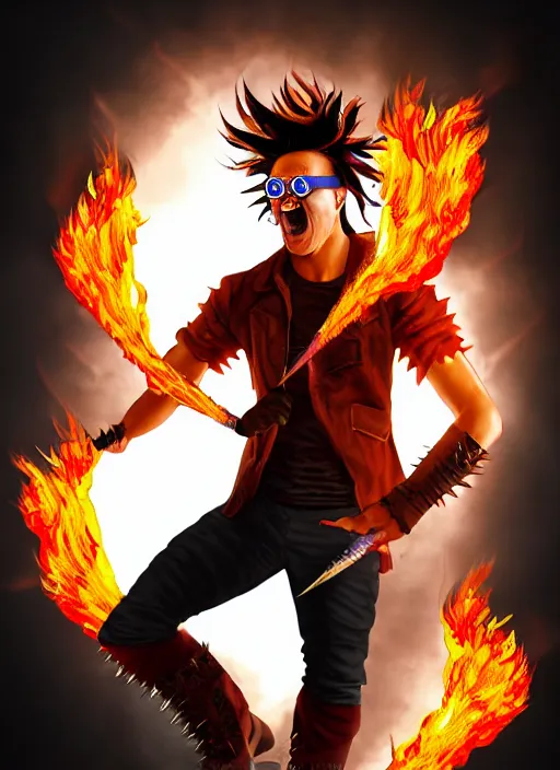 Prompt: An epic fantasy comic book style portrait painting of young man with red spiked long hair, using an orange lens googles. Wearing white shirt, a black waistcoat, brown pants and black boots. He is throwing a wild fire blast from his hands, with a vicious smile in face. Unreal 5, DAZ, hyperrealistic, octane render, cosplay, RPG portrait, dynamic lighting