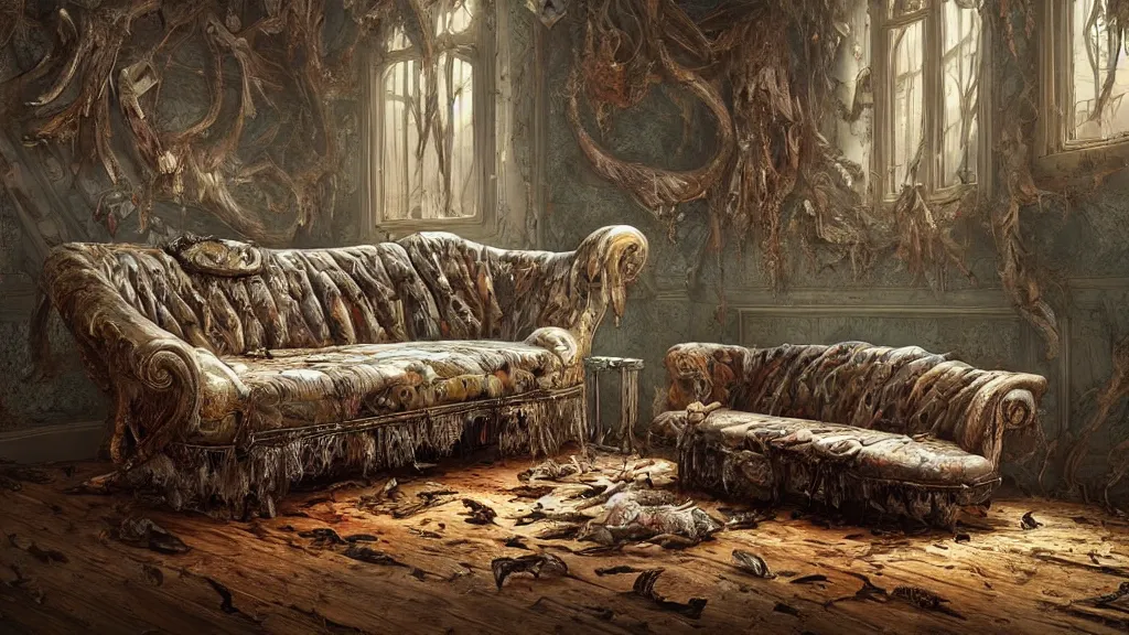 Image similar to a beautiful victorian couch made out of decomposing animals, intricate, detailed, volumetric lighting, sharp focus, photorealism, digital painting, highly detailed, concept art, by roger dean and simon stalenhag and mark brooks