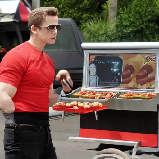 Prompt: wesker operating a hotdog stand