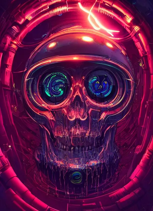 Prompt: a futuristic skull with glowing eyes and a wormhole tunnel cyberpunk art by android jones, cyberpunk art by beeple!!!!, featured on artstation, darksynth, synthwave